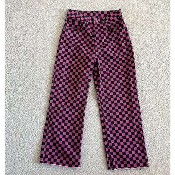 Ragged Jeans Pants Checkerboard Whimsigoth High Rise Pink Black - Picture 1 of 16